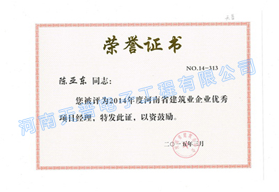 2014年省級優秀項目經理（陳亞東）